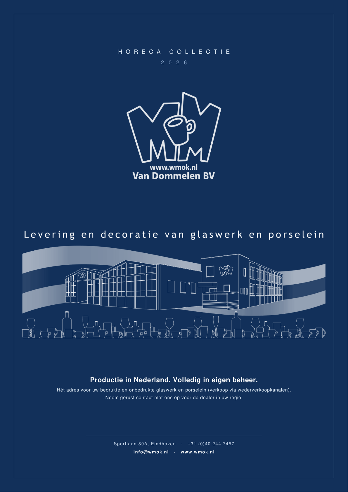 Omslag van de WMOK Horecacatalogus 2026, met het WMOK-logo en een illustratie van het bedrijfspand